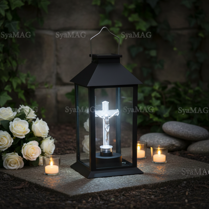 Felinar LED, lumina rece, alimentare solara, model cruce transparenta, 14x14x28 cm, negru, maner metalic, buton on/off, pentru cimitir, locuri de reculegere, gradini sau spatii memoriale [3]