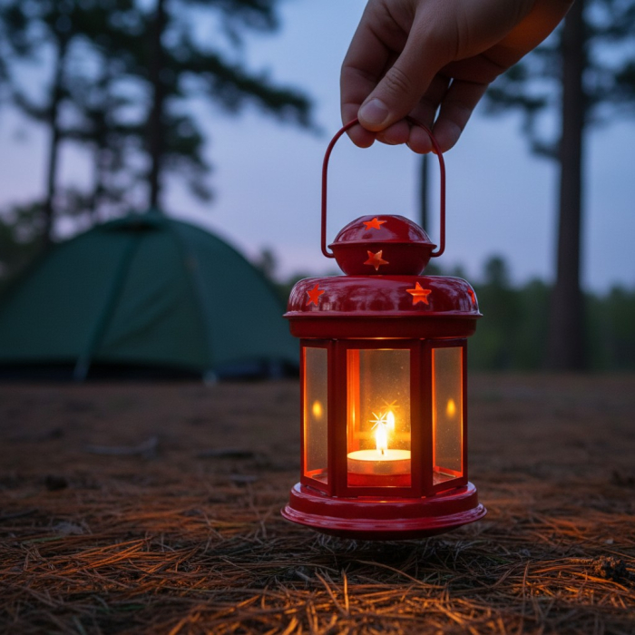 Felinar metalic, cu 2 lumanari pastila incluse, rosu, Ø10x15 cm, maner metalic [3]