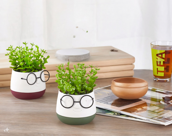 Ghiveci ecru cu ochelari si plante artificiale, 9.5x9.5x14cm [2]