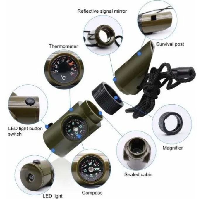 Instrument tactic 7 in 1, fluier, busola, termometru, lanterna LED, lupa, oglinda de semnalizare si lacas mic depozitare, 10x3 cm [4]