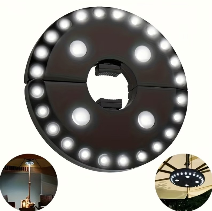 Lampa LED suspendabila, mecanism cu clips, fixare pe stalp umbrela sau suspendare pe carlig, 3 moduri de iluminare, Ø16x2.5cm, material ABS [7]