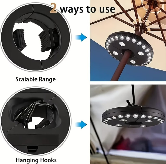 Lampa LED suspendabila, mecanism cu clips, fixare pe stalp umbrela sau suspendare pe carlig, 3 moduri de iluminare, Ø16x2.5cm, material ABS [3]