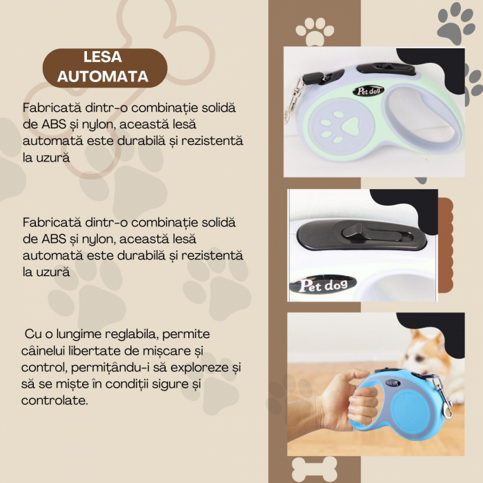 Lesa automata retractabila, pentru caini, 5 m, 20 kg, ABS, verde/bleu, 8x12x4 cm [4]
