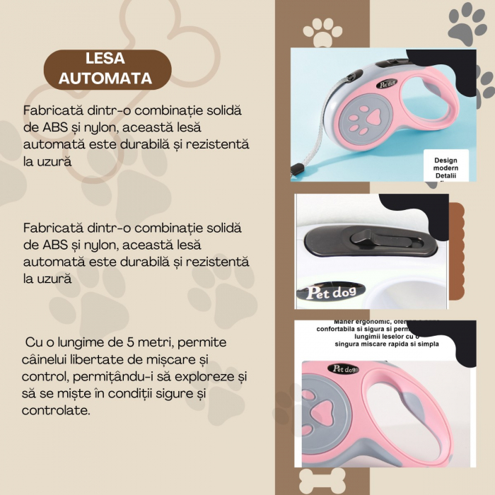 Lesa automata retractabila, pentru caini, 5m, 20 kg, ABS, roz/gri, 8x12x4 cm [2]