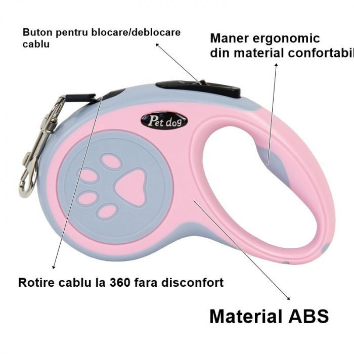 Lesa automata retractabila, pentru caini, 5m, 20 kg, ABS, roz/gri, 8x12x4 cm [6]