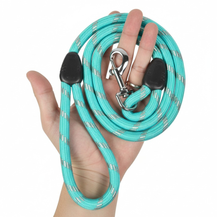 Lesa pentru caini de talie mica sau medie, 115x1.3 cm, turcoaz, model dungat tip franghie [3]