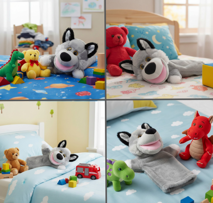 Marioneta din plus, model lup, moale si catifelat, gri, inaltime 28 cm, diametrul baza 15 cm [2]