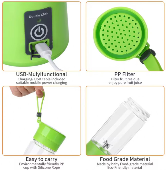 Mini blender portabil, reincarcabil USB, bleu, cu maner din silicon, 380 ml [2]