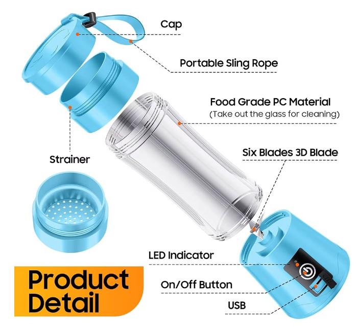 Mini blender portabil, reincarcabil USB, bleu, cu maner din silicon, 380 ml [4]
