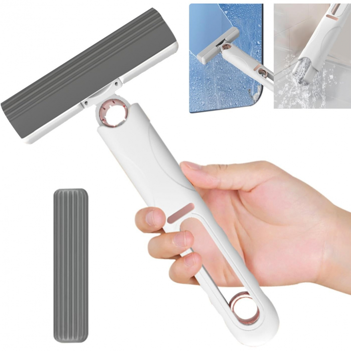 Mop de mana, mini-portabil, cu sistem de stoarcere, dispozitiv de curatat manual, cu burete absorbant, material PVA, multisuprafete si geamuri, 29.5 x 15.5 cm, alb [10]
