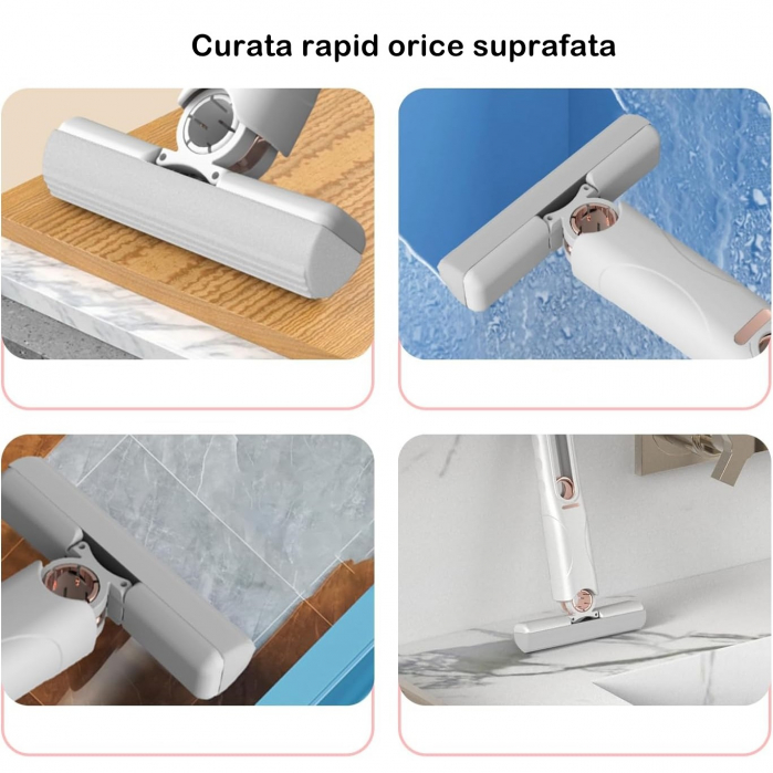 Mop de mana, mini-portabil, cu sistem de stoarcere, dispozitiv de curatat manual, cu burete absorbant, material PVA, multisuprafete si geamuri, 29.5 x 15.5 cm, alb [2]