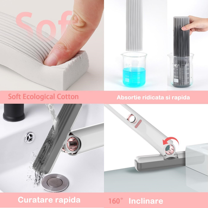 Mop de mana, mini-portabil, cu sistem de stoarcere, dispozitiv de curatat manual, cu burete absorbant, material PVA, multisuprafete si geamuri, 29.5 x 15.5 cm, alb [4]