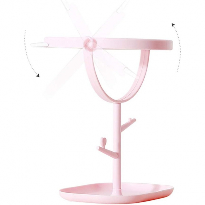 Oglinda cosmetica cu picior, rotire 360 grade, 15 cm diametru, suport bijuterii, 30 x 16.5 x 15 cm, Roz [3]