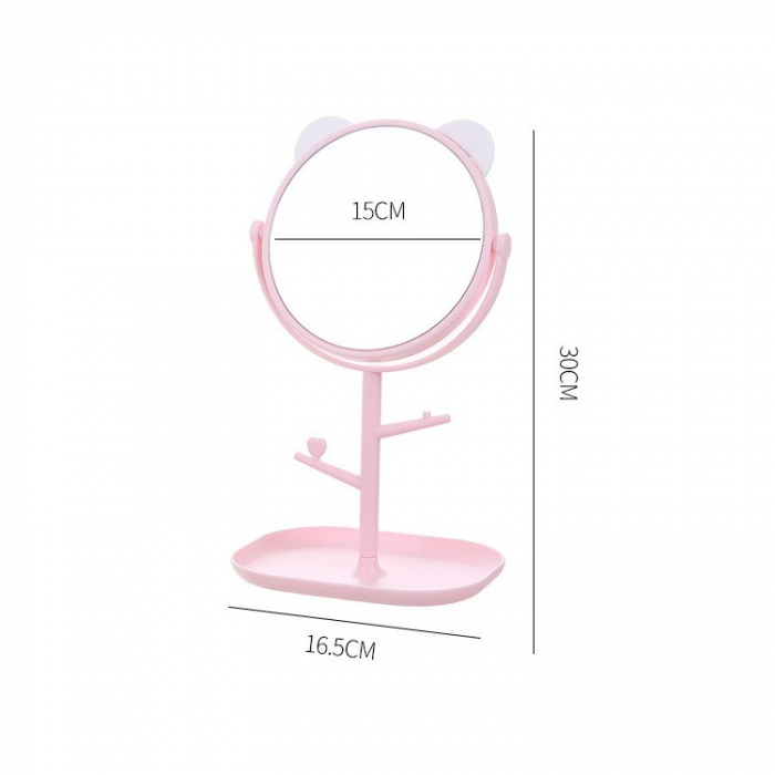 Oglinda cosmetica cu picior, rotire 360 grade, 15 cm diametru, suport bijuterii, 30 x 16.5 x 15 cm, Roz [6]