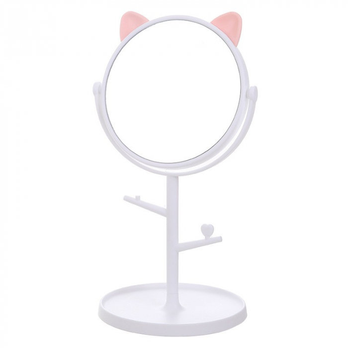 Oglinda cosmetica cu picior, rotire 360 grade, 15 cm diametru, suport bijuterii, 30 x 16.5 x 15 cm, Alb [5]