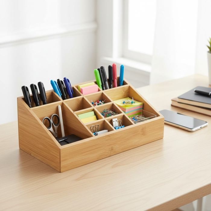 Organizator cosmetice, din bambus, 12 compartimente, 24.5x13x9.5 cm [4]