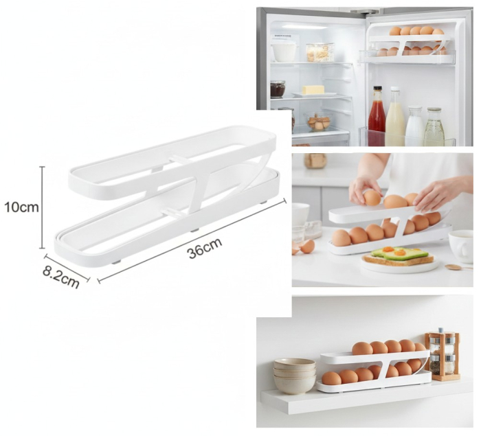Organizator pentru oua, 2 nivele, sistem de alunecare, 36x8.2x10 cm, ideal pentru usa frigiderului sau spatii inguste [2]