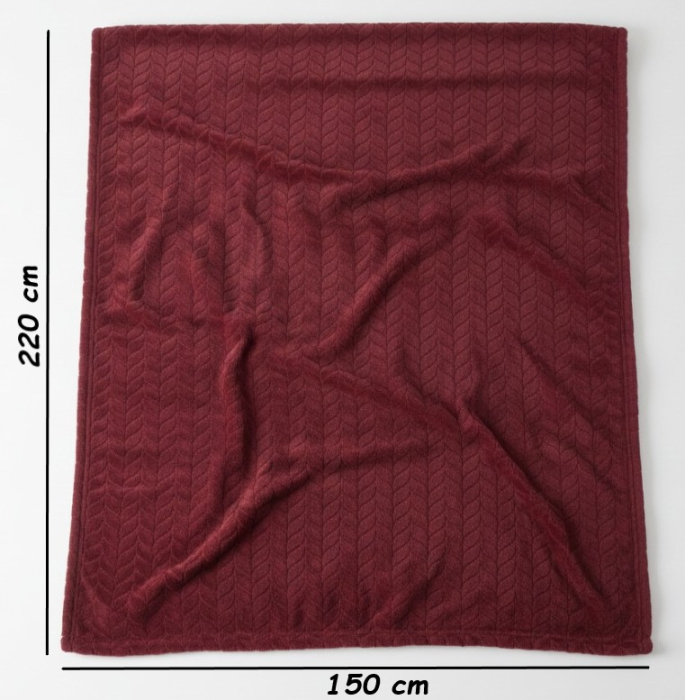 Patura moale si catifelata, bordo, 220x150 cm, model cu frunze in relief [3]