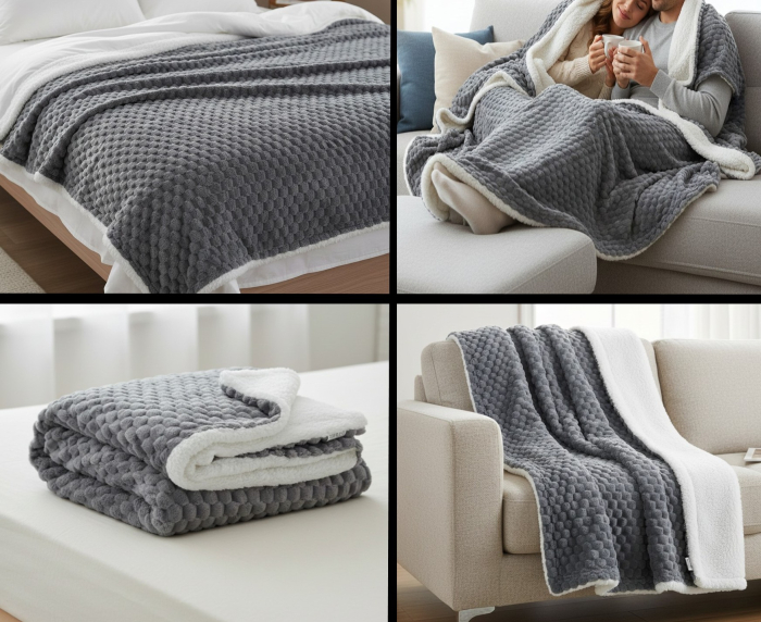 Patura moale si confortabila, cu doua fete, 160x130 cm, fata gri model reliefat, fata alba imitatie de blana [2]