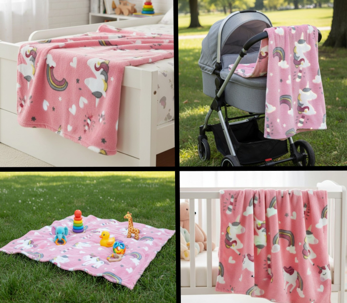 Paturica catifelata pentru bebelusi, fosforescenta, model cu unicorni, 140x100 cm [2]