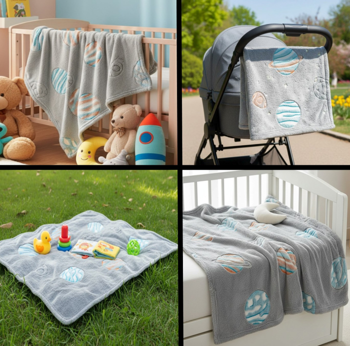 Paturica catifelata pentru bebelusi, model cu planete fosforescente, 140x100 cm [2]