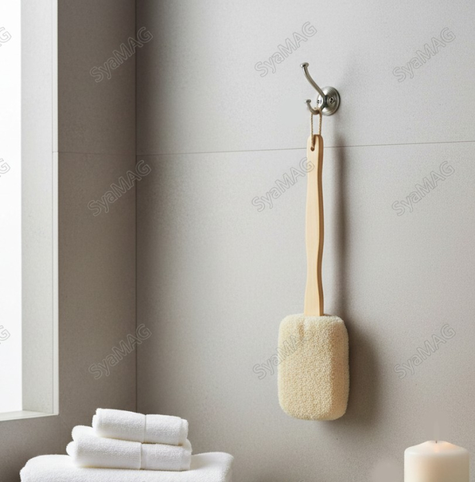 Perie de baie cu burete si maner de lemn, 40 cm, cu sfoara pentru depozitare/agatare facila [2]
