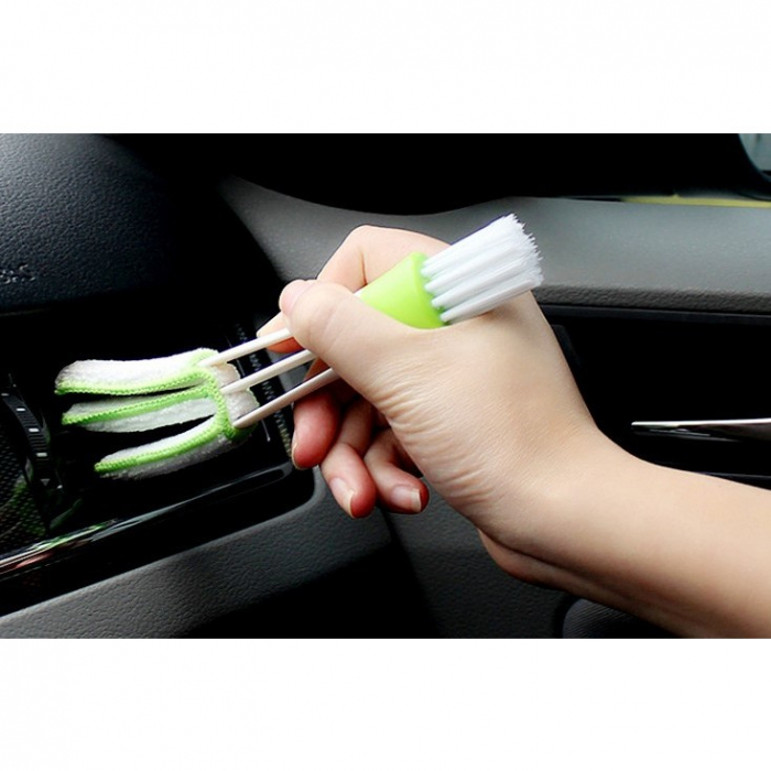 Perie Multifunctionala de Curatare, pentru Ventilatie Auto, Doua Capete, Moale, Microfibra, Alb-Verde, 16.25cm [6]