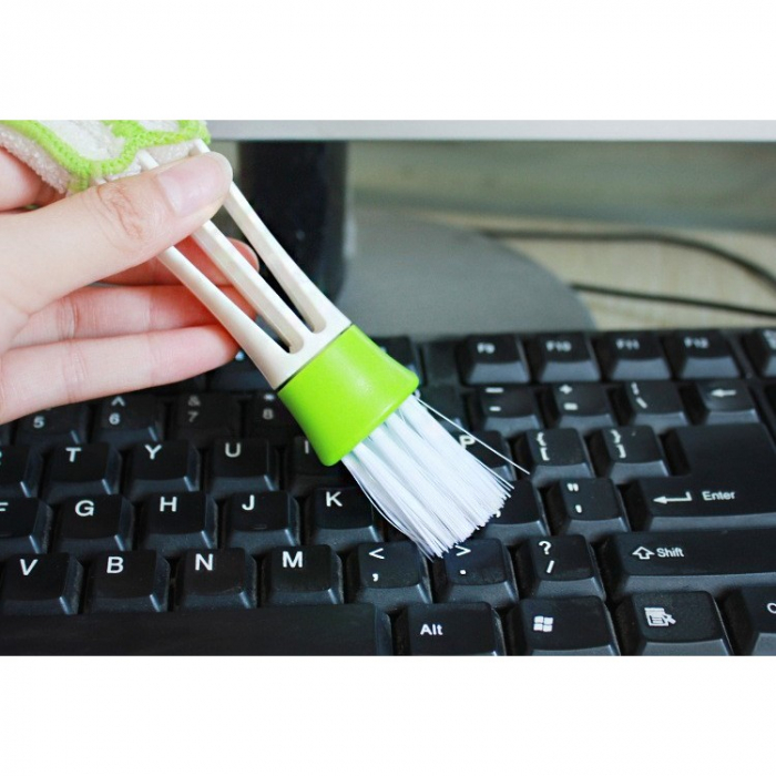 Perie Multifunctionala de Curatare, pentru Ventilatie Auto, Doua Capete, Moale, Microfibra, Alb-Verde, 16.25cm [2]