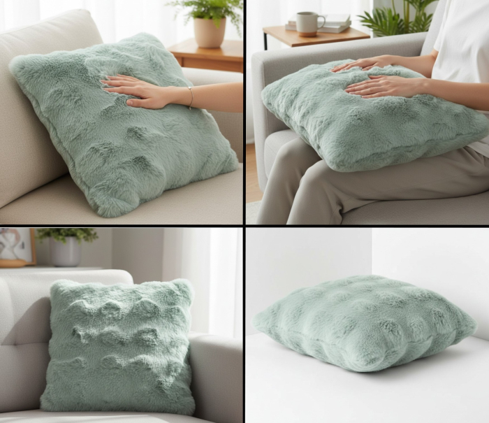 Perna decorativa, moale si catifelata, imitatie de blana, verde menta, 40x40x12 cm, model reliefat, cu fermoar [2]