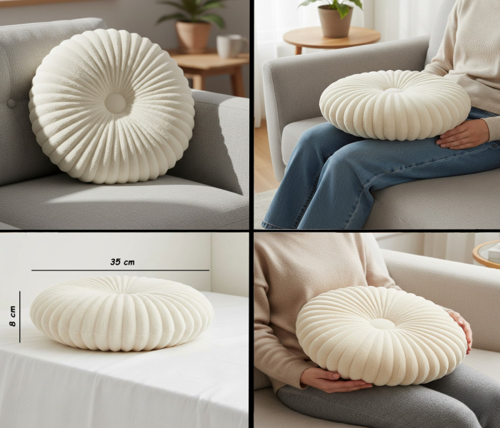 Perna decorativa moale si confortabila, model cu nasture, rotunda, Ø35x8 cm, poliester, crem [2]