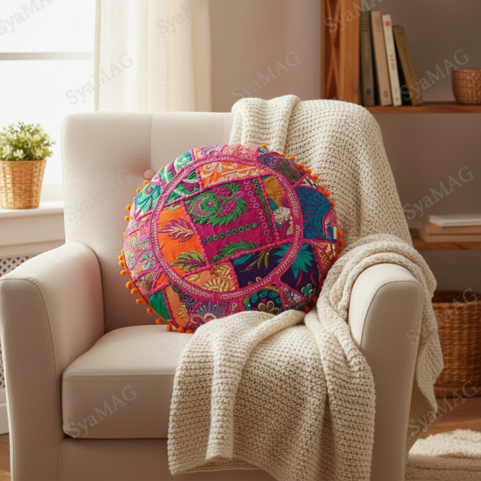 Perna decorativa rotunda, tema florala, multicolor, Ø 45 x 12 cm, cu franjuri sferici discreti [1]