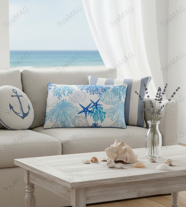 Perna decorativa, tema marina, alb albastru, 60x40x10 cm, cu doua fete [3]