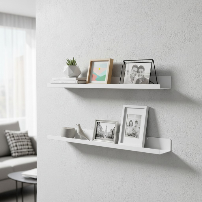 Polita din otel, alba, utilizare universala, baie, hol, dormitor, living sau spatii de lucru, 60x12x5 cm, feronerie inclusa, 2 holduruburi + 2 dibluri [3]