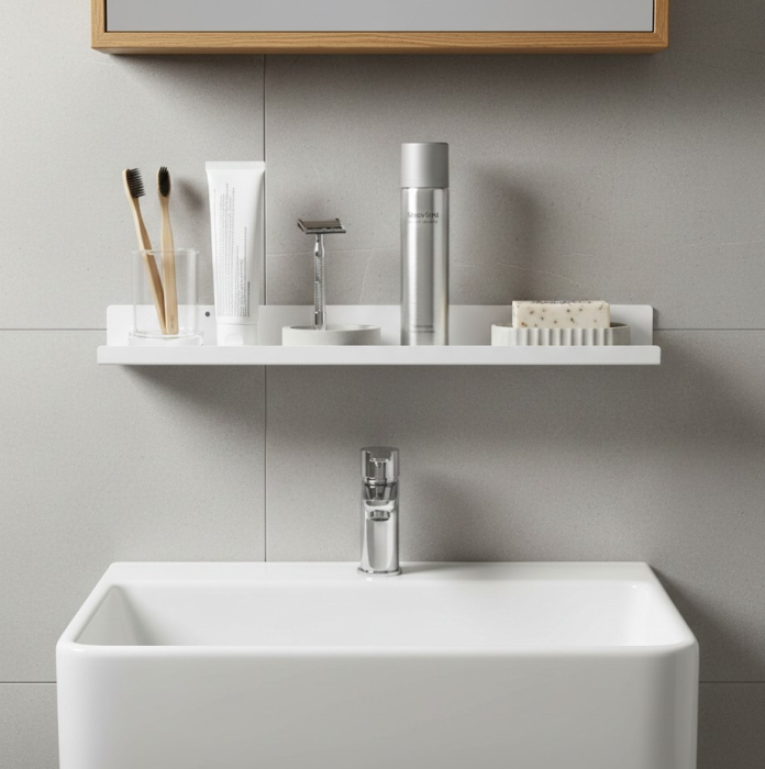 Polita din otel, alba, utilizare universala, baie, hol, dormitor, living sau spatii de lucru, 60x12x5 cm, feronerie inclusa, 2 holduruburi + 2 dibluri [4]