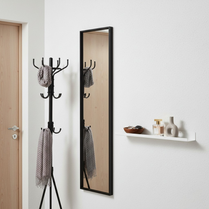 Polita din otel, alba, utilizare universala, baie, hol, dormitor, living sau spatii de lucru, 60x12x5 cm, feronerie inclusa, 2 holduruburi + 2 dibluri [2]