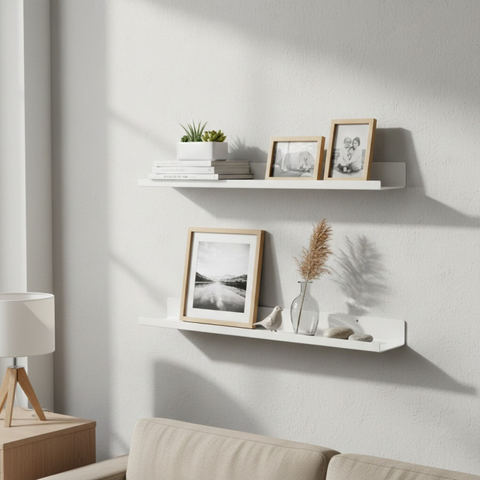 Polita din otel, alba, utilizare universala, baie, hol, dormitor, living sau spatii de lucru, 60x12x5 cm, feronerie inclusa, 2 holduruburi + 2 dibluri [5]