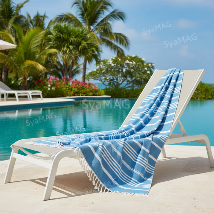 Prosop plaja, 100% bumbac, albastru cu dungi, 160x90 cm, model cu franjuri [2]