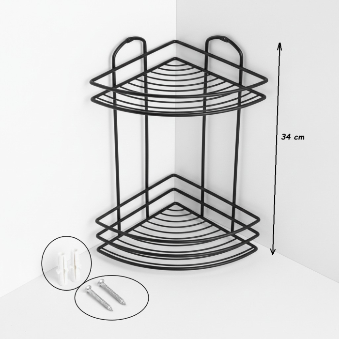 Raft de baie tip coltar, metalic, prindere cu suruburi, 20x20x34 cm, negru, feronerie inclusa [3]