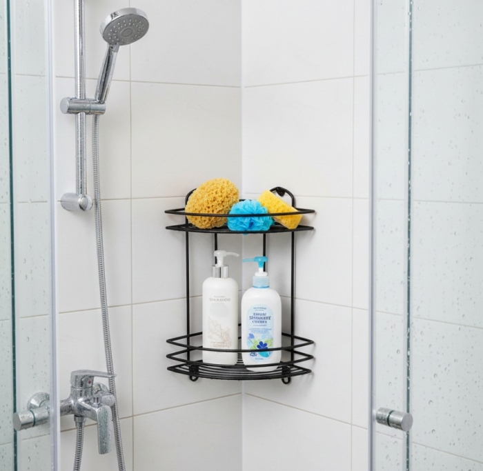 Raft de baie tip coltar, metalic, prindere cu suruburi, 20x20x34 cm, negru, feronerie inclusa [2]