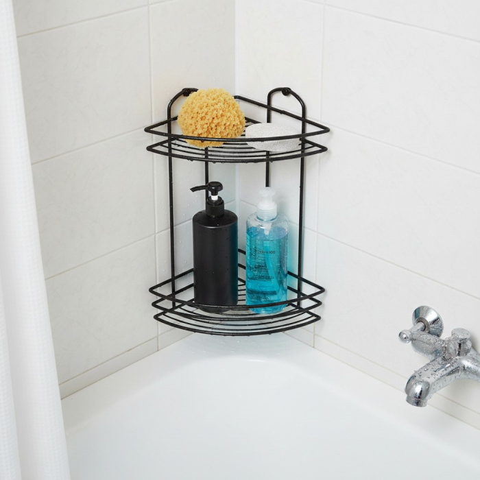 Raft de baie tip coltar, metalic, prindere cu suruburi, 20x20x34 cm, negru, feronerie inclusa [4]