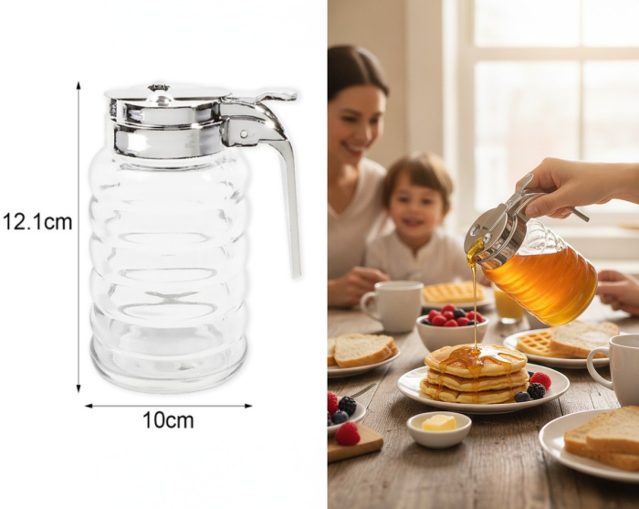 Recipient pentru miere, reutilizabil, din sticla, cu capac si clapeta reglare scurgere, 300 ml, pentru uz casnic sau Horeca [2]