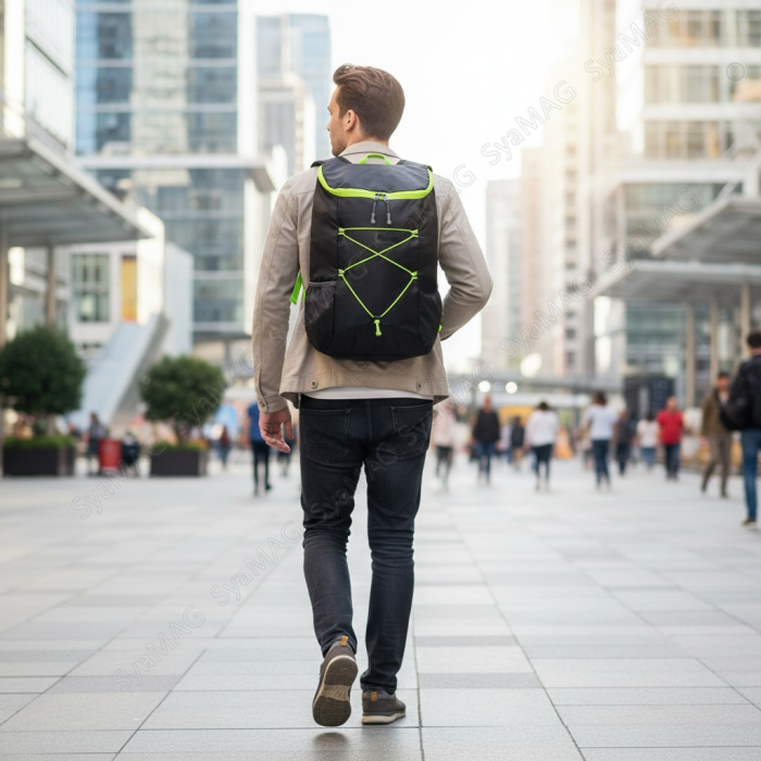 Rucsac sport casual, cu fermoar, cu compartiment principal si un buzunar exterior, negru cu insertii verde neon, 27x14x40 cm, rezistent la apa, din poliester, pentru calatorii, camping sau activitati [2]