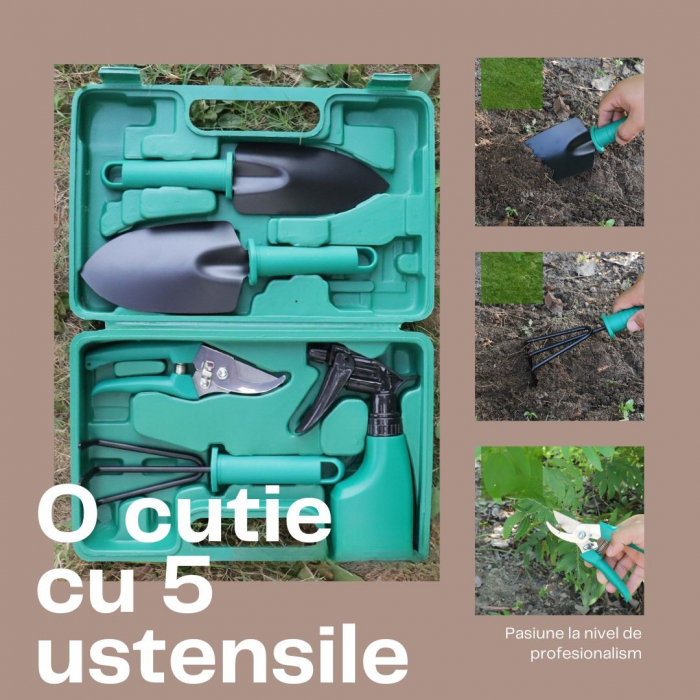 Set 5 accesorii pentru gradinarit, geanta depozitare inclusa, otel inoxidabil, 18.5 x 29.5 cm, verde [3]