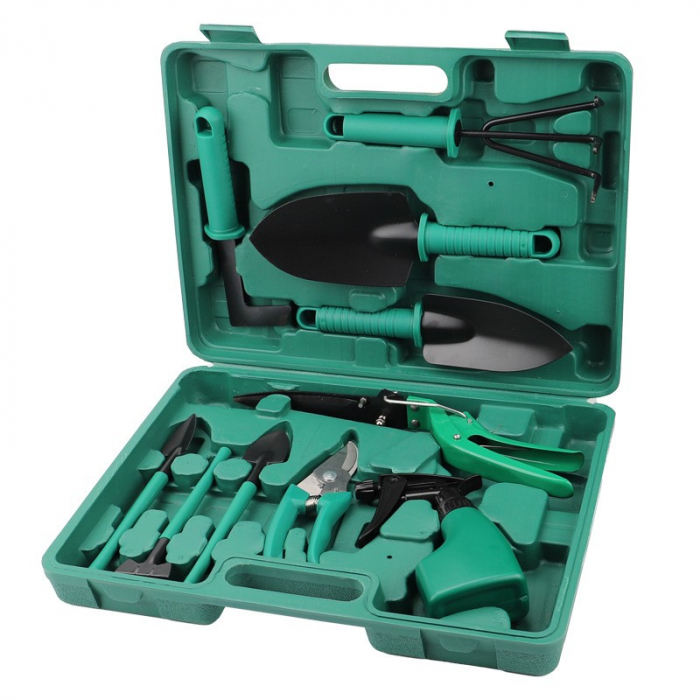 Set 10 accesorii pentru gradinarit, geanta depozitare inclusa, otel inoxidabil, 37 x 28 cm, verde [2]