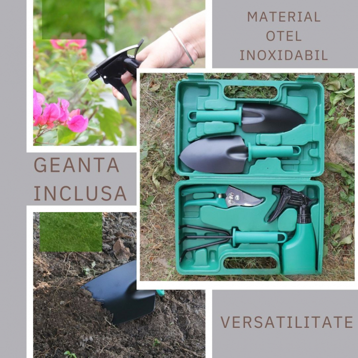 Set 5 accesorii pentru gradinarit, geanta depozitare inclusa, otel inoxidabil, 18.5 x 29.5 cm, verde [4]