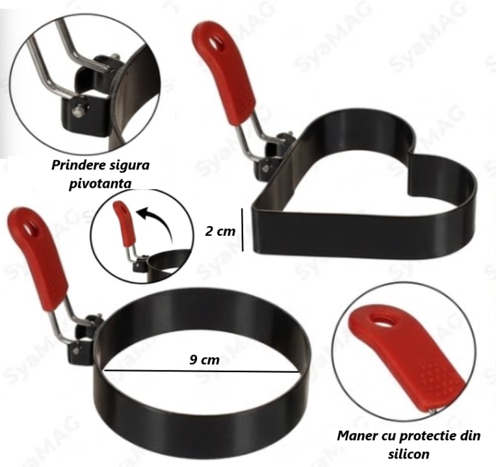 Set 2 buc forma metalica, pentru oua ochiuri si clatite, modele inima si cerc, maner protectie silicon, Ø 9 cm, H 2 cm [2]