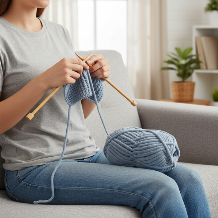 Set 2 buc ghem cu fir de tricotat moale si catifelat, bleu, poliester, lungime 32 m/ghem [3]