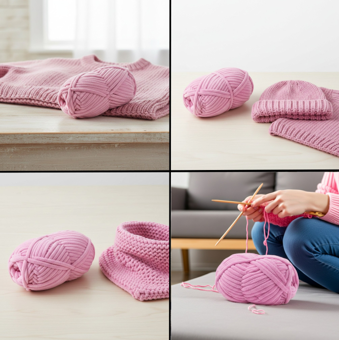 Set 2 buc ghem cu fir de tricotat moale si catifelat, roz, poliester, lungime 32 m/ghem [2]