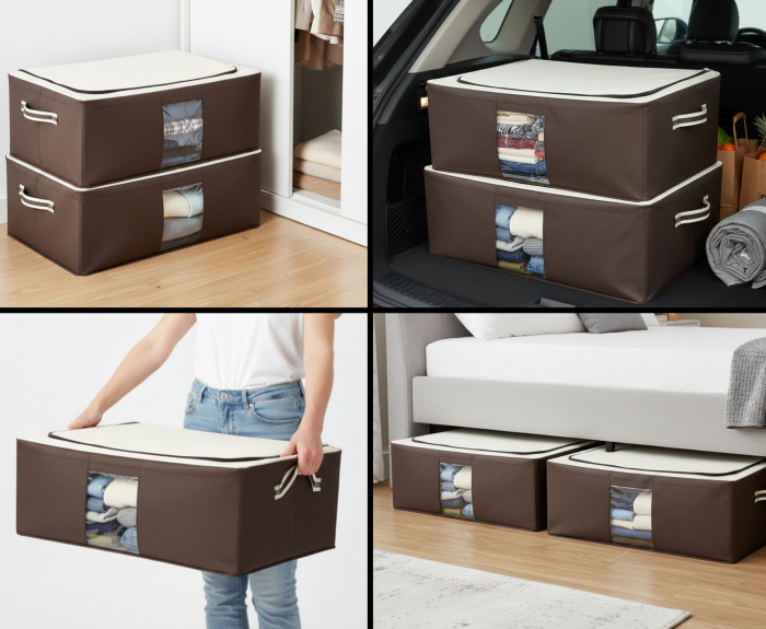 Set 2 buc husa tip cutie depozitare sau transport imbracaminte, cadru metalic, baza din MDF, 60x40x20 cm, 50 litri [2]