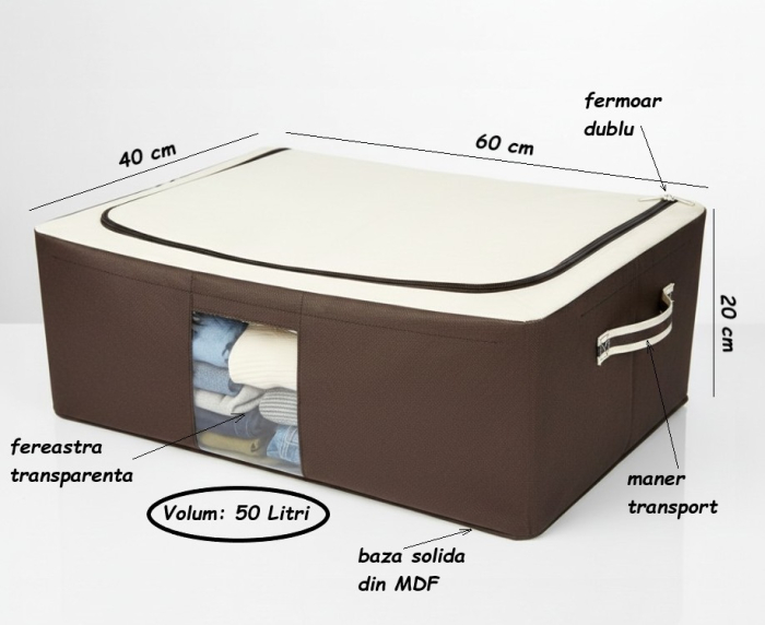 Set 2 buc husa tip cutie depozitare sau transport imbracaminte, cadru metalic, baza din MDF, 60x40x20 cm, 50 litri [3]